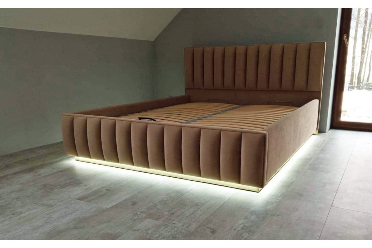 Łóżko tapicerowane z pojemnikiem i oświetleniem LED Ami 